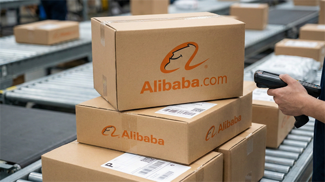 Alibaba-branded shipping boxes stacked on a warehouse conveyor belt as a worker scans a package, highlighting Alibaba’s e-commerce logistics operations amid tariff-driven market volatility.
