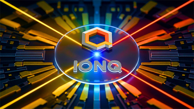 IonQ logo surrounded by quantum computing hardware, highlighting IONQ stock and quantum technology sector demand.