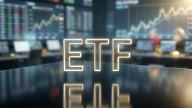 ETF trading floor display with glowing letters and rising market charts in background