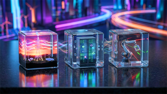 Glass cubes depicting energy grid, data centers, and robotic arm with chip, highlighting AI infrastructure demand.