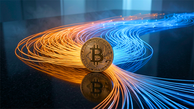Gold Bitcoin coin surrounded by flowing digital light streams, reflecting crypto market momentum.