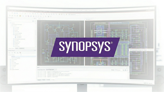 Synopsys logo over semiconductor chip design schematics displayed on a curved computer monitor screen.