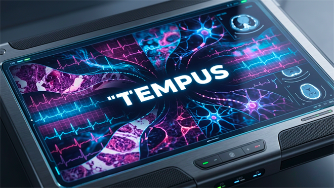 Tempus logo on medical device displaying neural and diagnostic data.