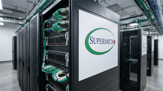 Super Micro Computer server rack inside AI data center with visible green networking cables and branded panel.