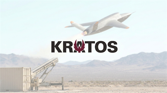 Kratos logo over desert missile launcher and unmanned drone flying above mountain test range.