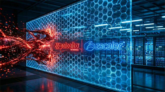 Palo Alto Networks and Zscaler logos on cyber shield in data center.