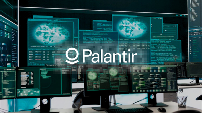 Palantir control room with data dashboards and AI analytics interface displayed on multiple monitors, representing AI defense contract and decisioning software growth.