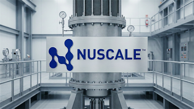 NuScale Power small modular reactor facility with company logo displayed prominently on reactor module.