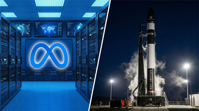 Split image showing Meta data center with logo and Rocket Lab rocket on launch pad at night, highlighting tech and space growth.