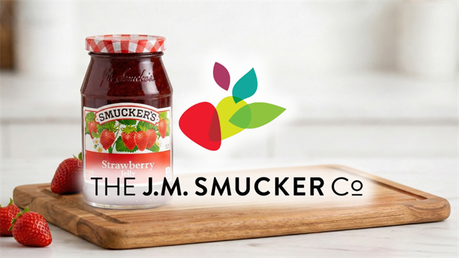 Strawberry Smucker’s jelly jar on wooden board with large J.M. Smucker logo overlay in kitchen setting