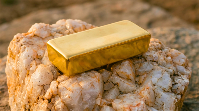 Gold bullion bar resting on quartz rock formation.