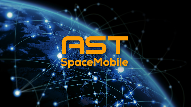 AST SpaceMobile logo over Earth with glowing global network connections in space