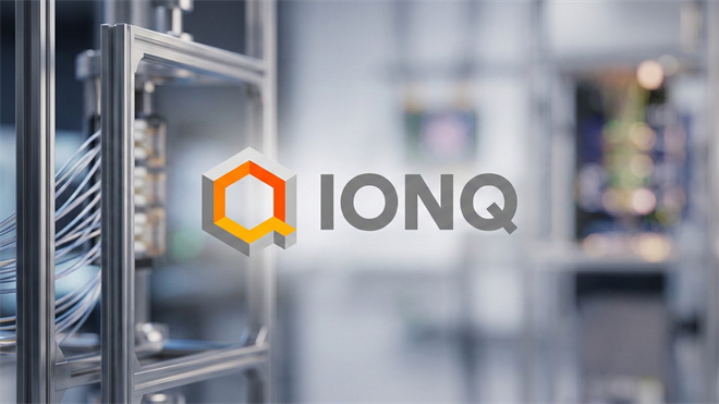 IonQ logo displayed over a blurred high-tech lab setting with metal framing and bundled cables in the foreground.