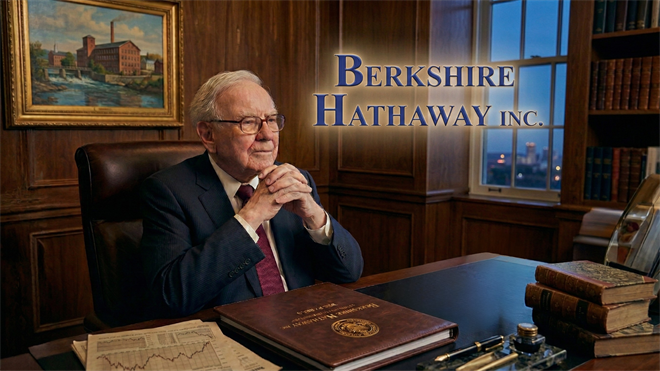 Imaginative depiction of Warren Buffett seated in an office, with the Berkshire Hathaway logo highlighted in the foreground.