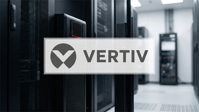 Modern data center corridor with black server racks and a large Vertiv logo overlay, highlighting AI infrastructure and cooling solutions.