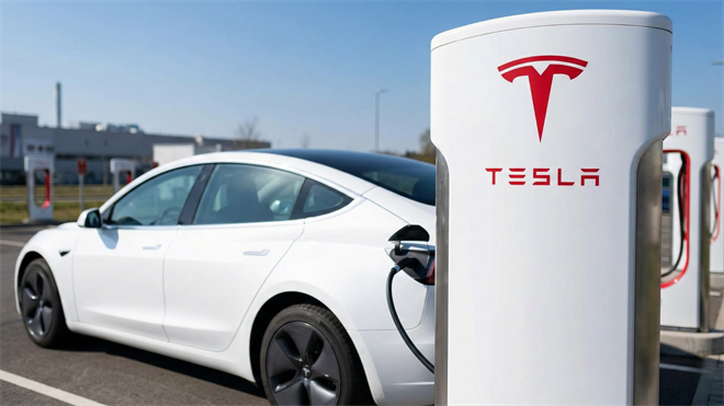 White Tesla Model 3 charging at a Tesla Supercharger station, highlighting the electric vehicle industry and FSD regulatory focus.