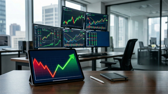 Modern trading desk with multiple monitors showing rising stock charts and a tablet in the foreground displaying a sharp market rebound, symbolizing a software stock recovery.