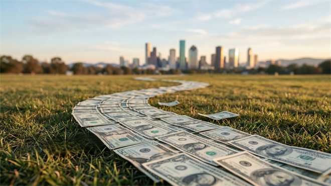 A winding path of U.S. dollar bills leading toward a city skyline, symbolizing strong free cash flow and financial growth.