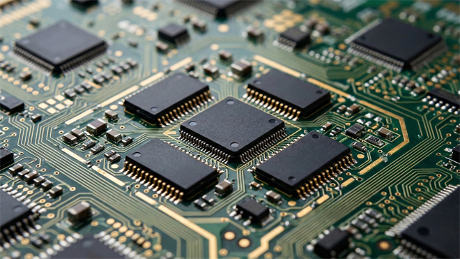 Close-up of multiple black semiconductor chips mounted on a green printed circuit board, highlighting the semiconductor industry and chip technology.