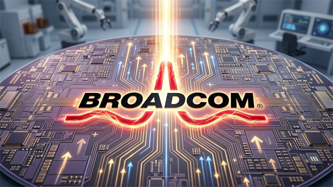 Broadcom logo over a stylized circuit board with data arrows.