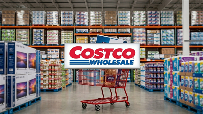 Costco Wholesale logo over a warehouse store aisle with a shopping cart.