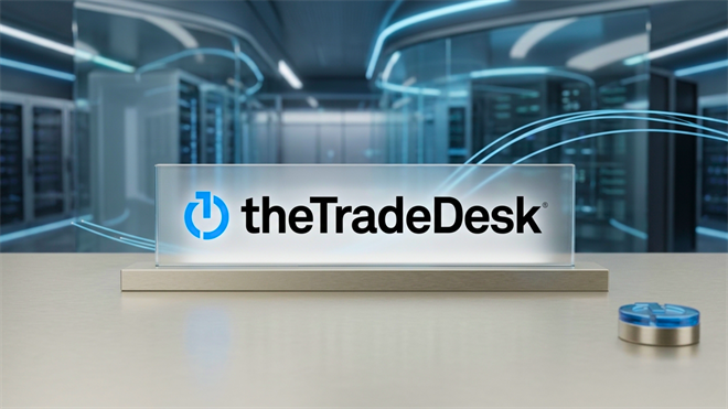 theTradeDesk logo on glass plaque in a server room.