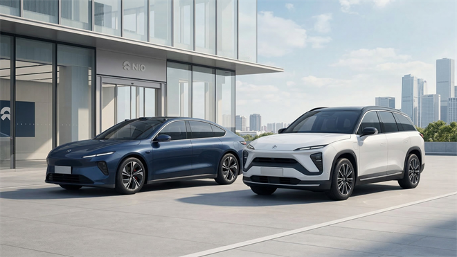 NIO electric sedan and SUV parked outside a modern NIO showroom, highlighting the premium Chinese EV brand.
