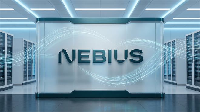 Modern AI data center interior with rows of high-performance servers and a central glass panel displaying the Nebius brand, representing AI cloud infrastructure and computing power.