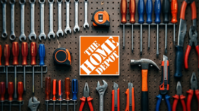 The Home Depot logo on a pegboard wall with hand tools.