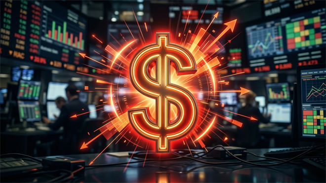 Glowing dollar symbol with upward arrows in a busy trading floor, representing bullish momentum in financial markets.