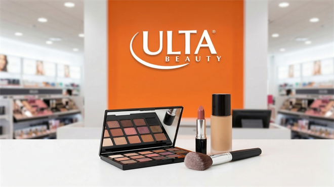 Ulta Beauty cosmetics display inside store with prominent orange Ulta Beauty branding, illustrating beauty retail brand context.