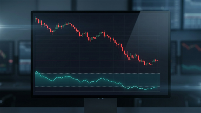 Large-cap stock selloff illustrated by a downward-trending candlestick chart and weakening RSI indicator on a trading monitor.