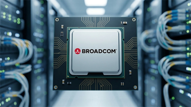 Broadcom AI semiconductor chip inside data center servers, symbolizing buybacks amid AI infrastructure boom.