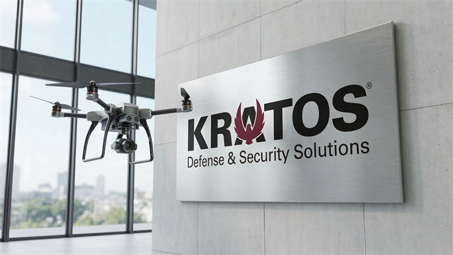 Autonomous drone hovering indoors near a brushed metal Kratos Defense & Security Solutions sign, highlighting defense technology and unmanned systems development.