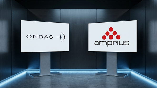 Ondas and Amprius logos on dual display screens.
