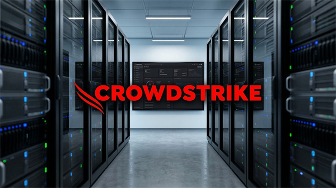 CrowdStrike-branded server room with rows of data center racks and monitoring screens representing cybersecurity infrastructure.