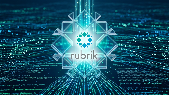 Rubrik logo on digital data streams and code backdrop.
