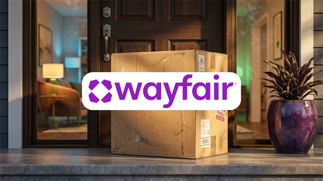 Wayfair logo over a delivery box at a home entrance.