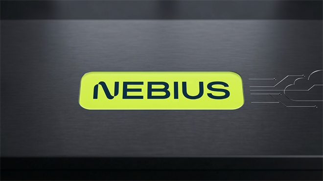 Neon green Nebius logo on a sleek dark surface with circuit-like lines, symbolizing AI cloud infrastructure growth.