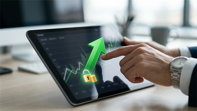 Investor using tablet with rising stock chart and green arrow, symbolizing call option strategy to profit from bullish market trends