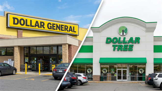 Split image of Dollar General and Dollar Tree storefronts highlighting discount retail amid consumer spending pressure.