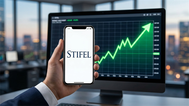 Hand holding phone displaying Stifel logo with rising stock chart on screen, symbolizing financial growth and strong performance.