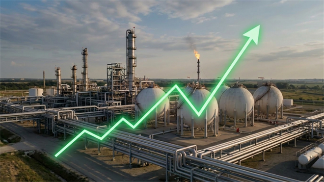 Natural gas facility with storage tanks and pipelines, overlaid by rising arrow, illustrating surging LNG prices and energy market shift.