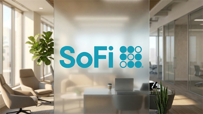 SoFi office interior with frosted glass logo, symbolizing digital banking growth and financial super app expansion.