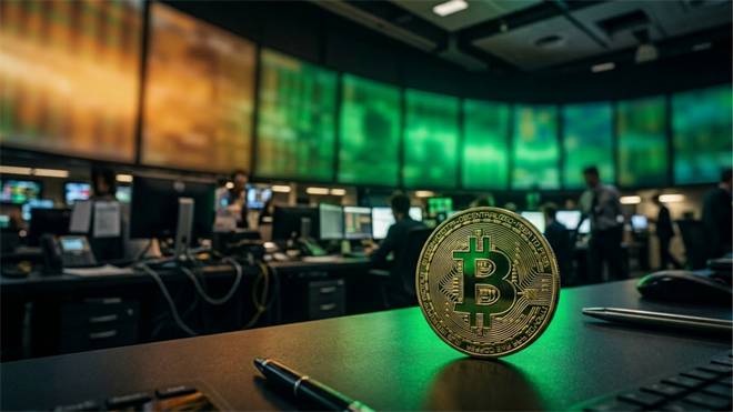 Bitcoin token on a trading desk highlights crypto market activity.