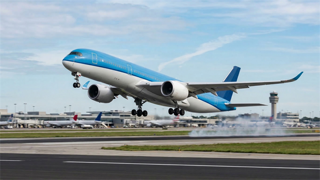 Commercial passenger jet taking off from busy airport runway, reflecting strong airline travel demand despite rising costs