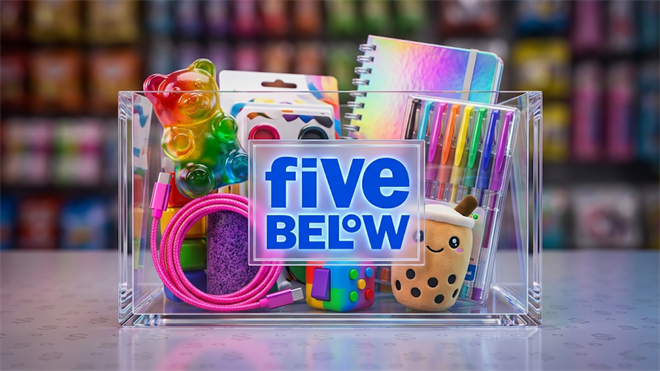 Five Below display of toys, school supplies, and accessories.