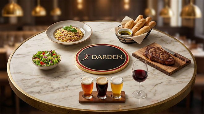 Darden restaurant table with steak, pasta, and drinks.