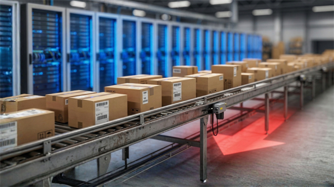 Automated conveyor with parcels in high-tech warehouse underscores Alibaba cloud, AI and e-commerce logistics growth.