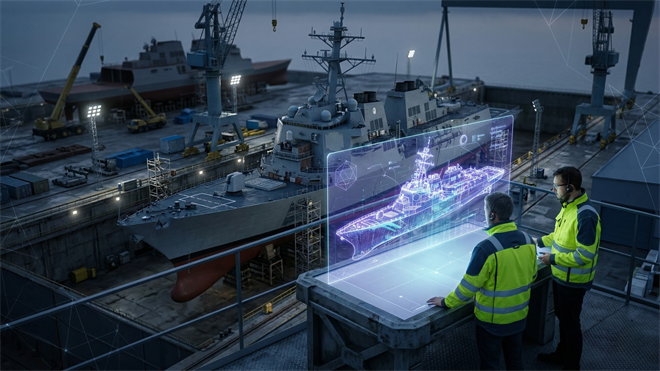 Engineers review a digital warship model in dry dock as Palantir AI deepens Navy shipbuilding software.